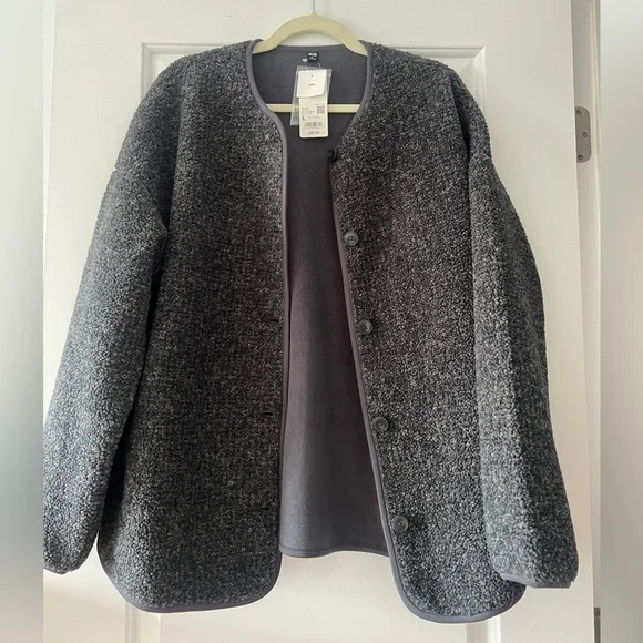 NWT- Uniqlo Pile Lined Fleece Relaxed Cardigan, Dark Gray, Size Large - Picture 3 of 4
